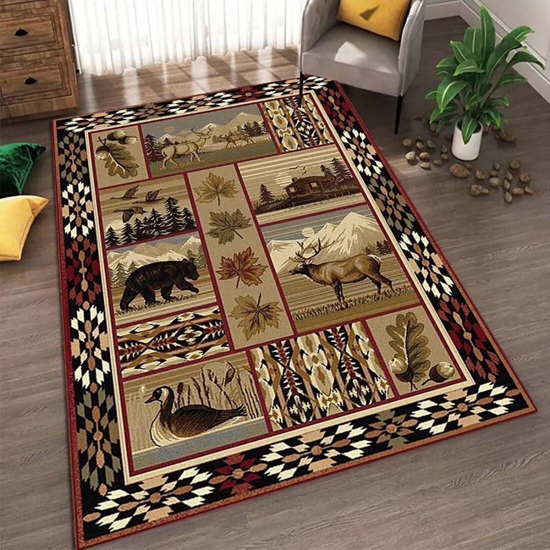 Cabin Nature and Animals Area Rug Rustic Western Country Rugs Wildlife Bear D…