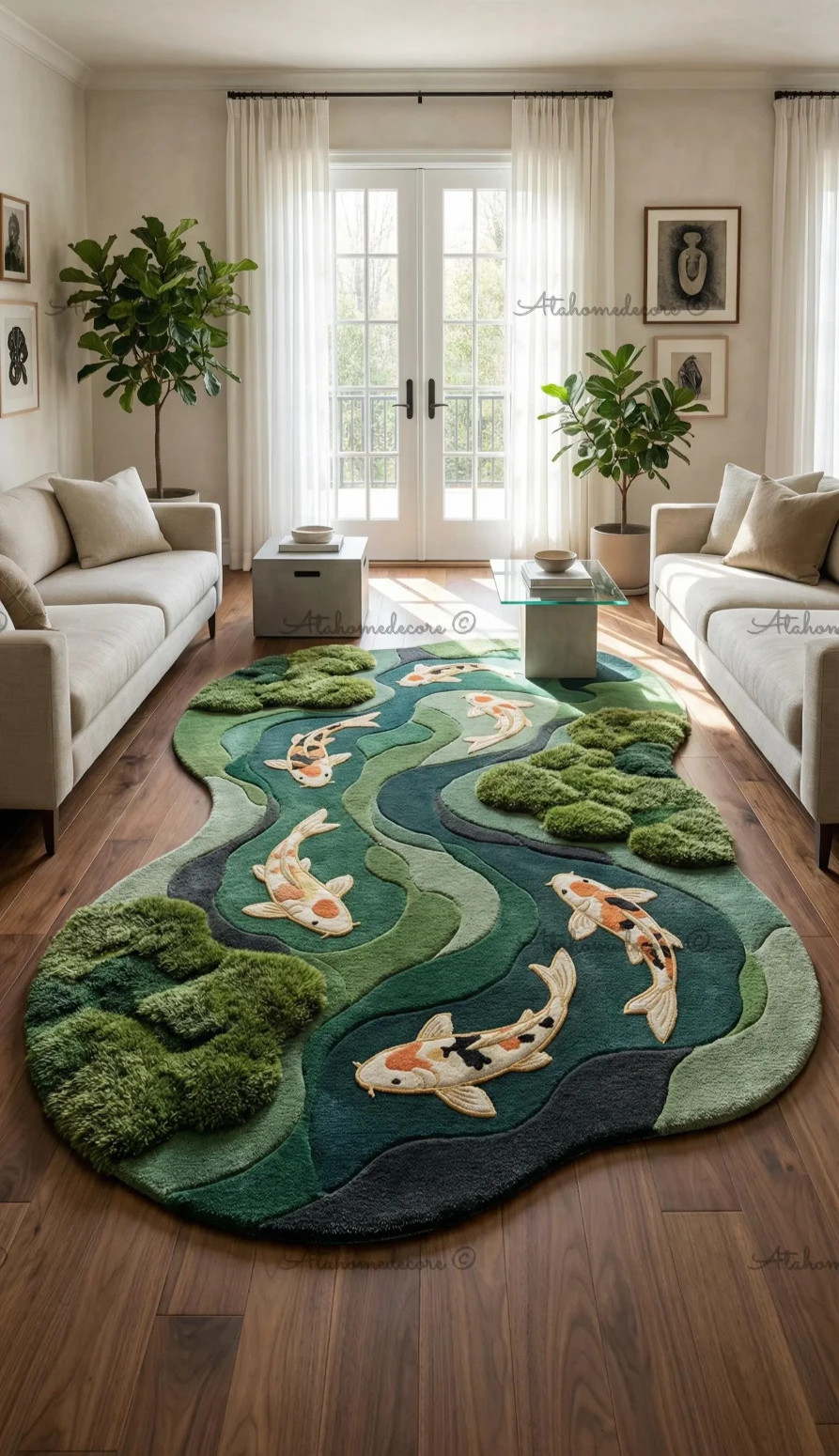 Hand Tufted Koi Fish Pond Rug, Irregular Moss Green Area Rug, Nature Inspired Wo