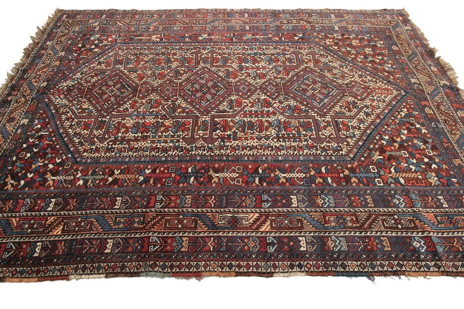 6×9 Handwoven Tribal Wool Rug Bold Geometric Diamond Motif and Border c1900