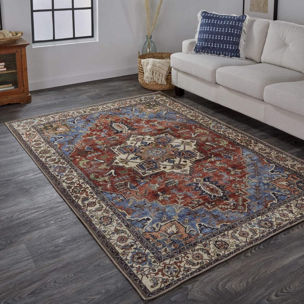 8′ X 10′ Blue Red And Ivory Floral Area Rug