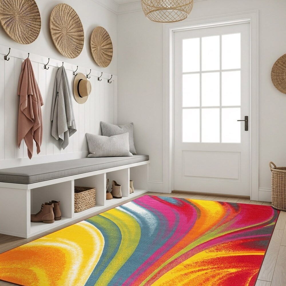 Bold Vibrant Abstract Area Rug Modern Colorful Swirl Home Decor Carpet Rainbow
