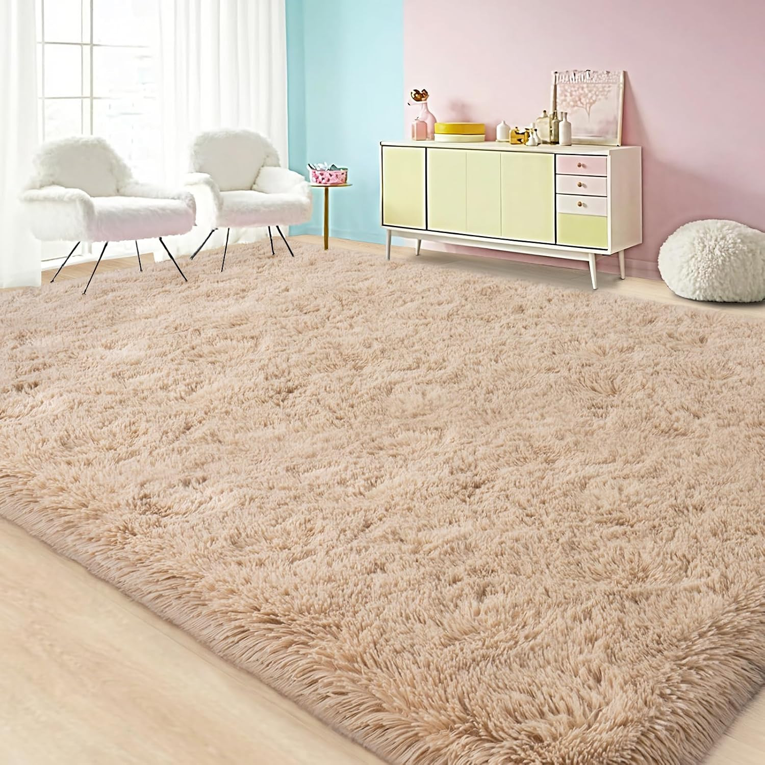 Large Area Rugs for Living Room Bedroom, 4×6 Feet Beige Fluffy Shag Rugs, Ultra