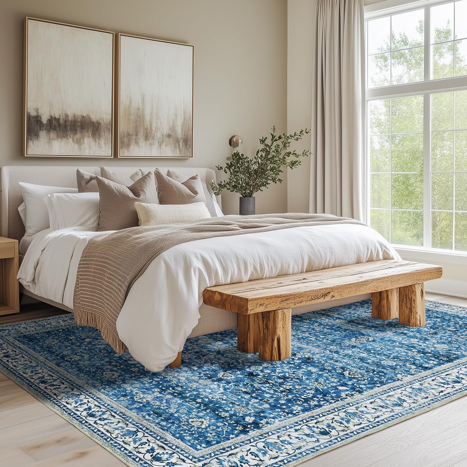 Andency Washable Living Room Area Rug 8×10, Blue Vintage Boho Non-Slip Carpet