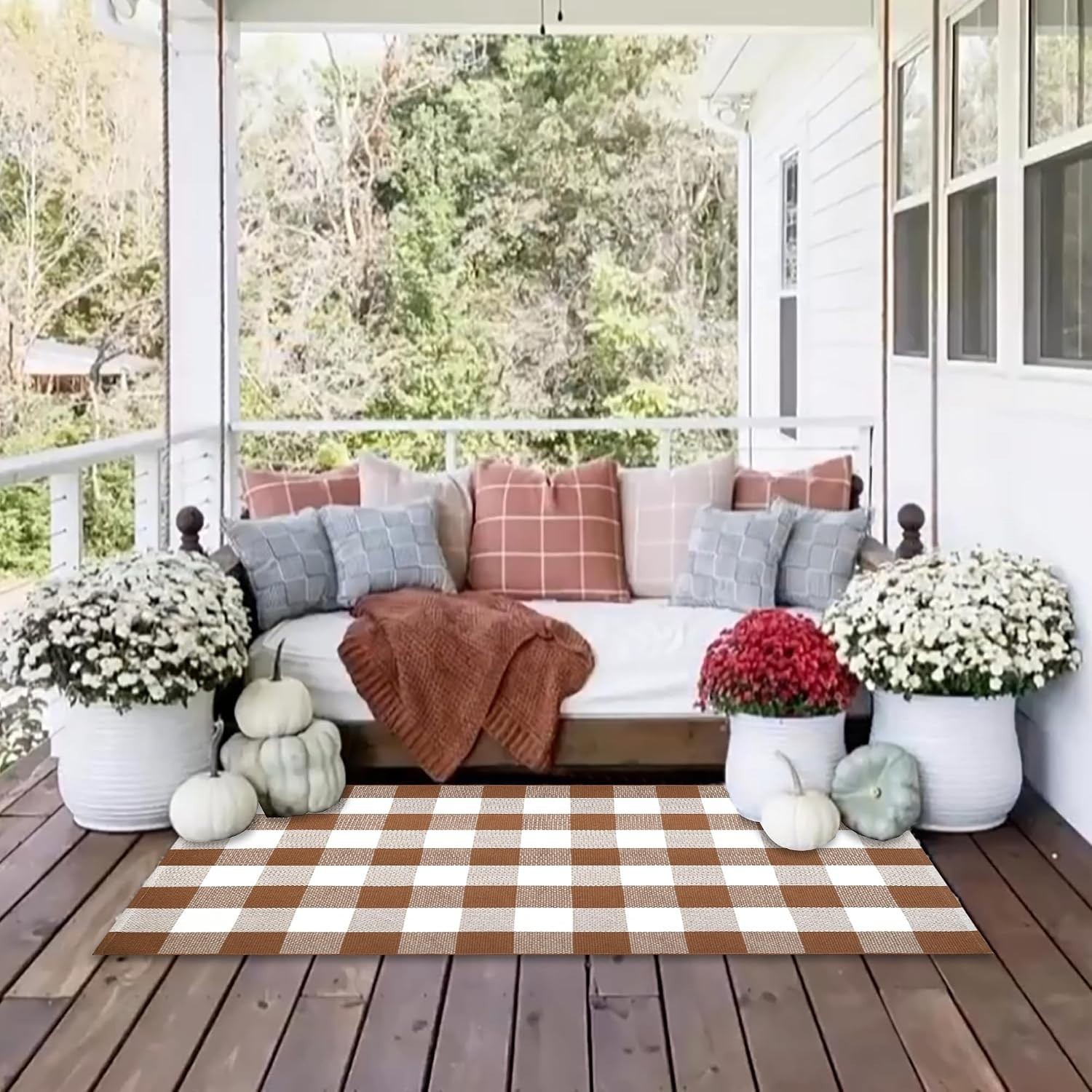 Durable 28” x 43” Coffee & White Plaid Outdoor Rug – Washable & Stylish Decor