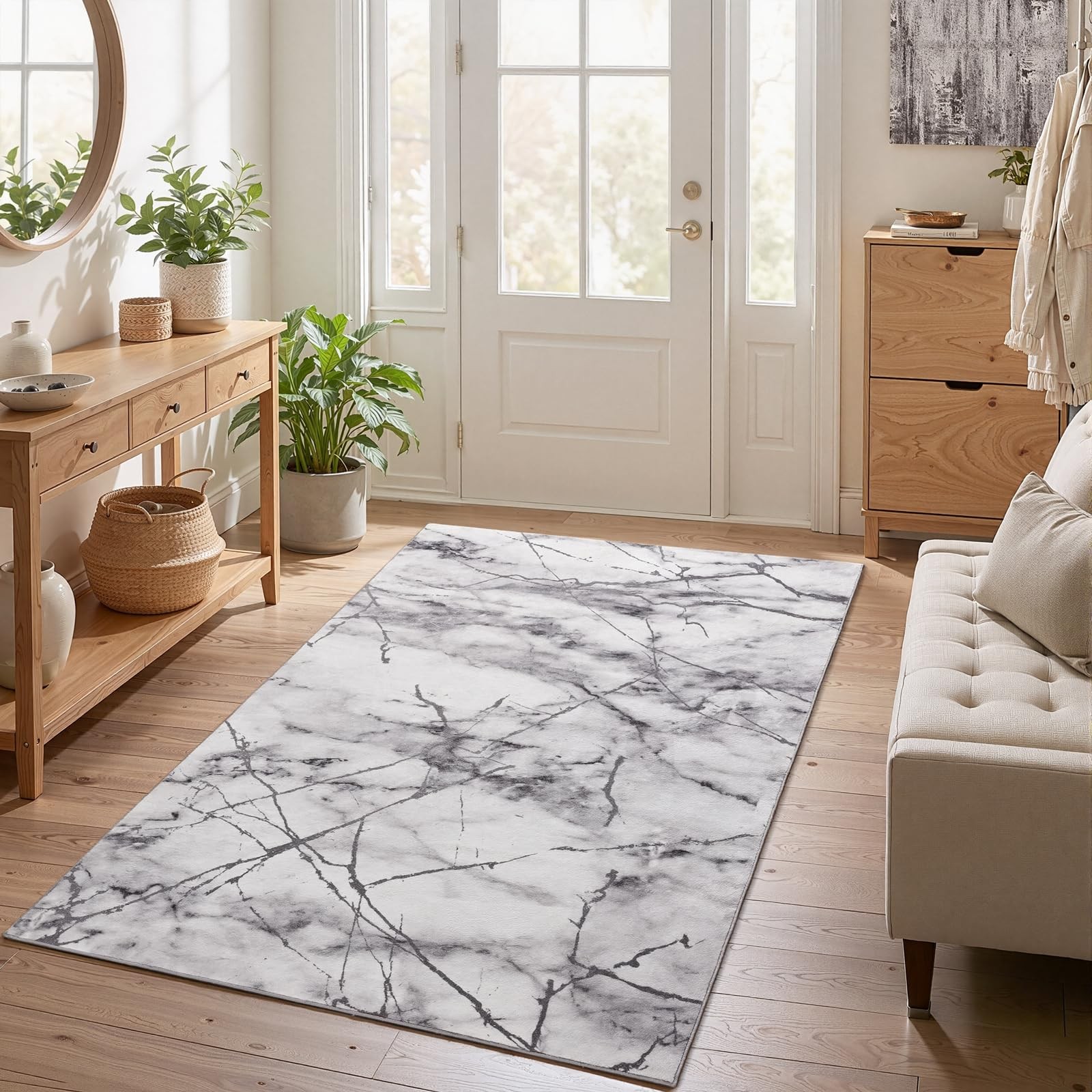 Washable 4×6 Entryway Rug Modern Abstract Silver Grey Area Rug for Office, Ki…