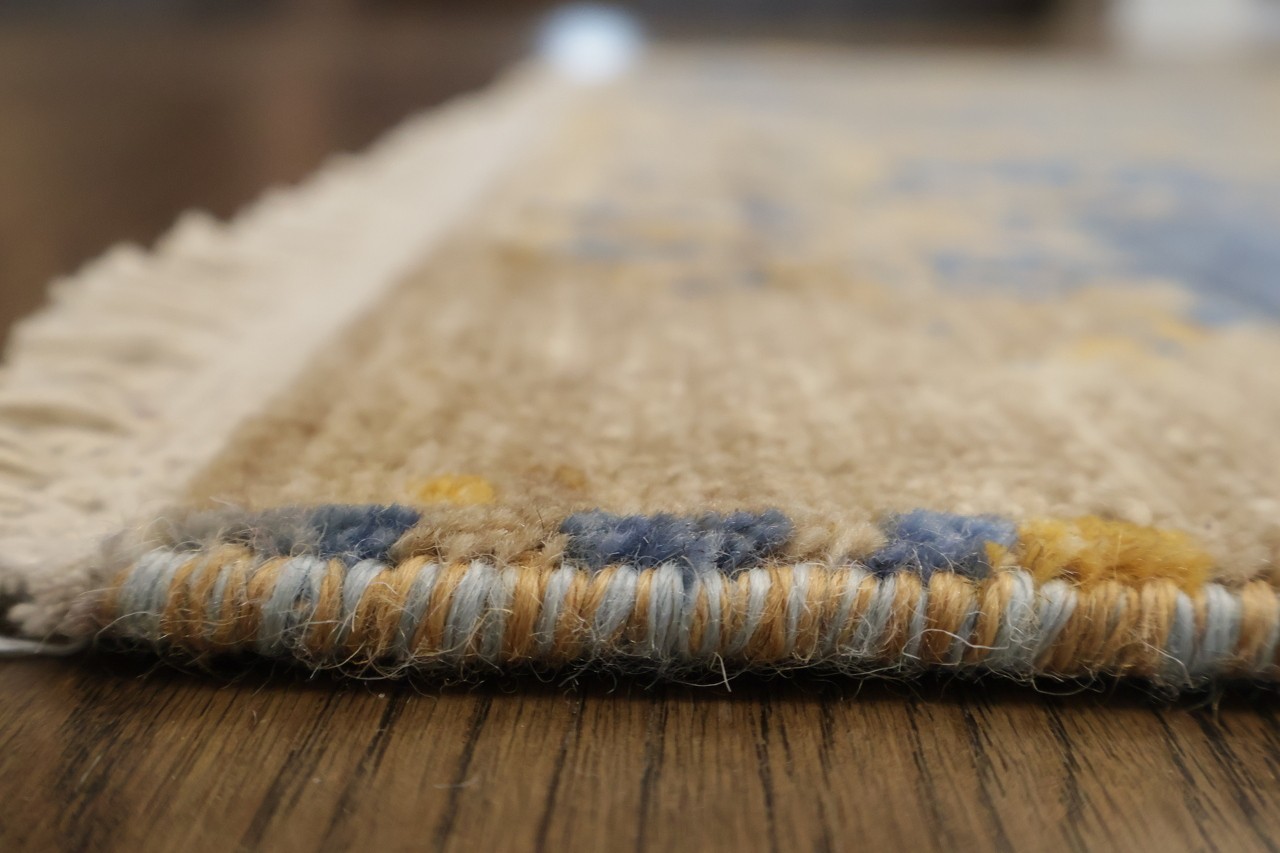4×6 Abstract Area Rug Hand Knotted Wool Silk in Blue & Gold Brown Hues