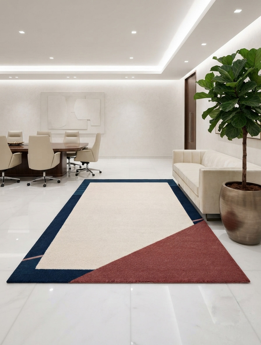 Hand Tufted Wool Area Rug Modern Geometric Ivory Navy Blue Custom Size