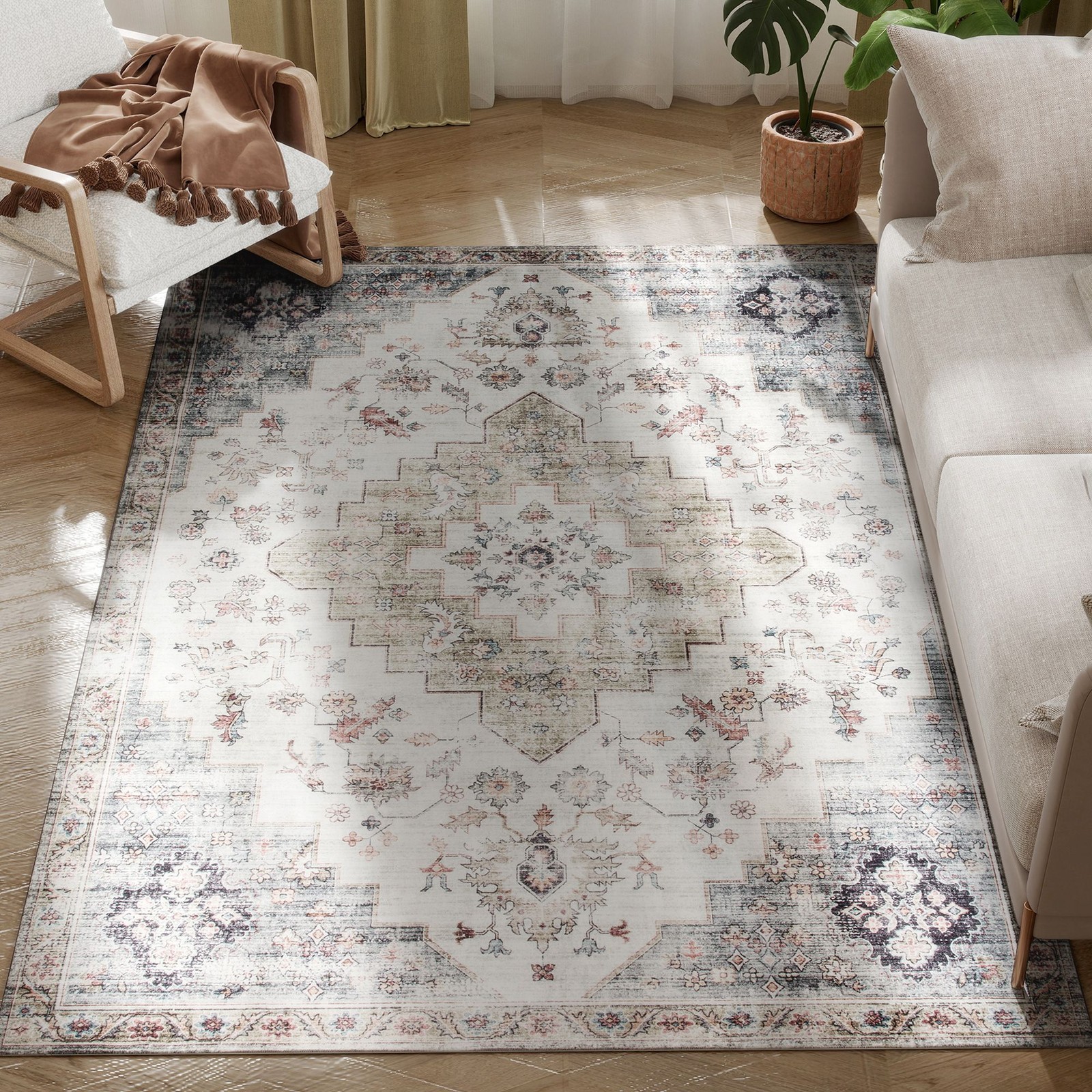 4×6 area rug tightly woven washable vintage feel non-slip brown green