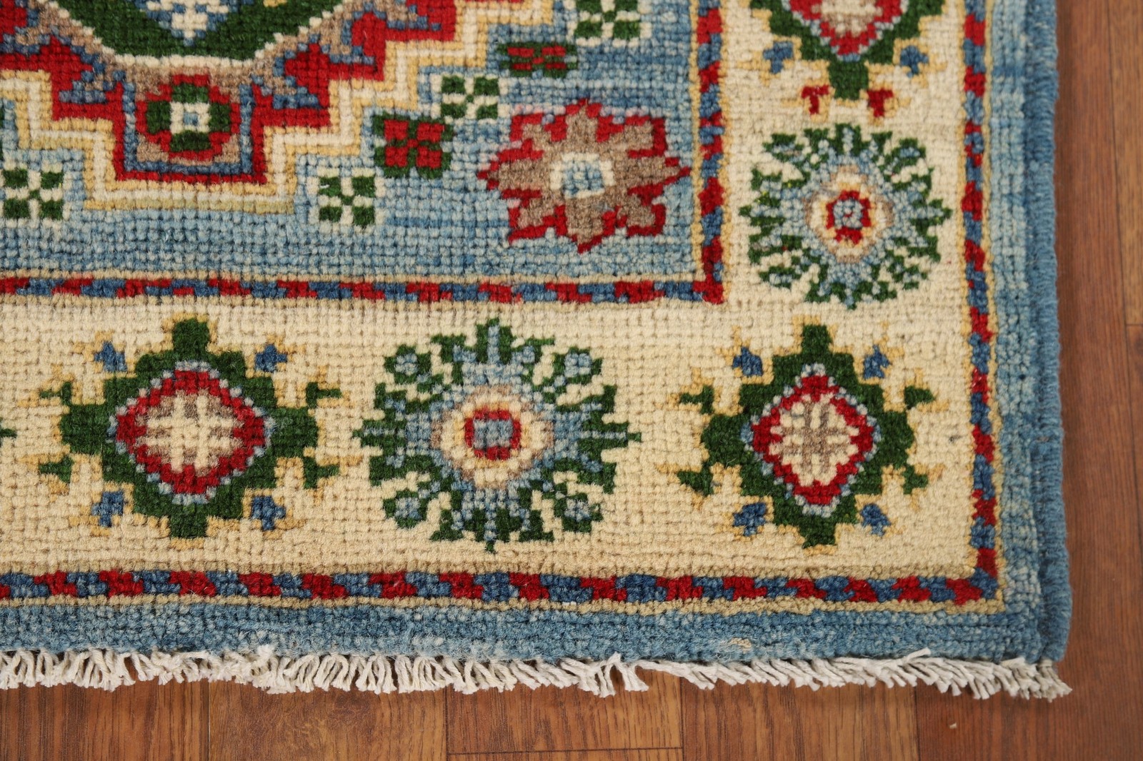Light Blue Kazak Accent Rug 2×3 Ft Hand-Knotted Oriental Wool Carpet Geometric