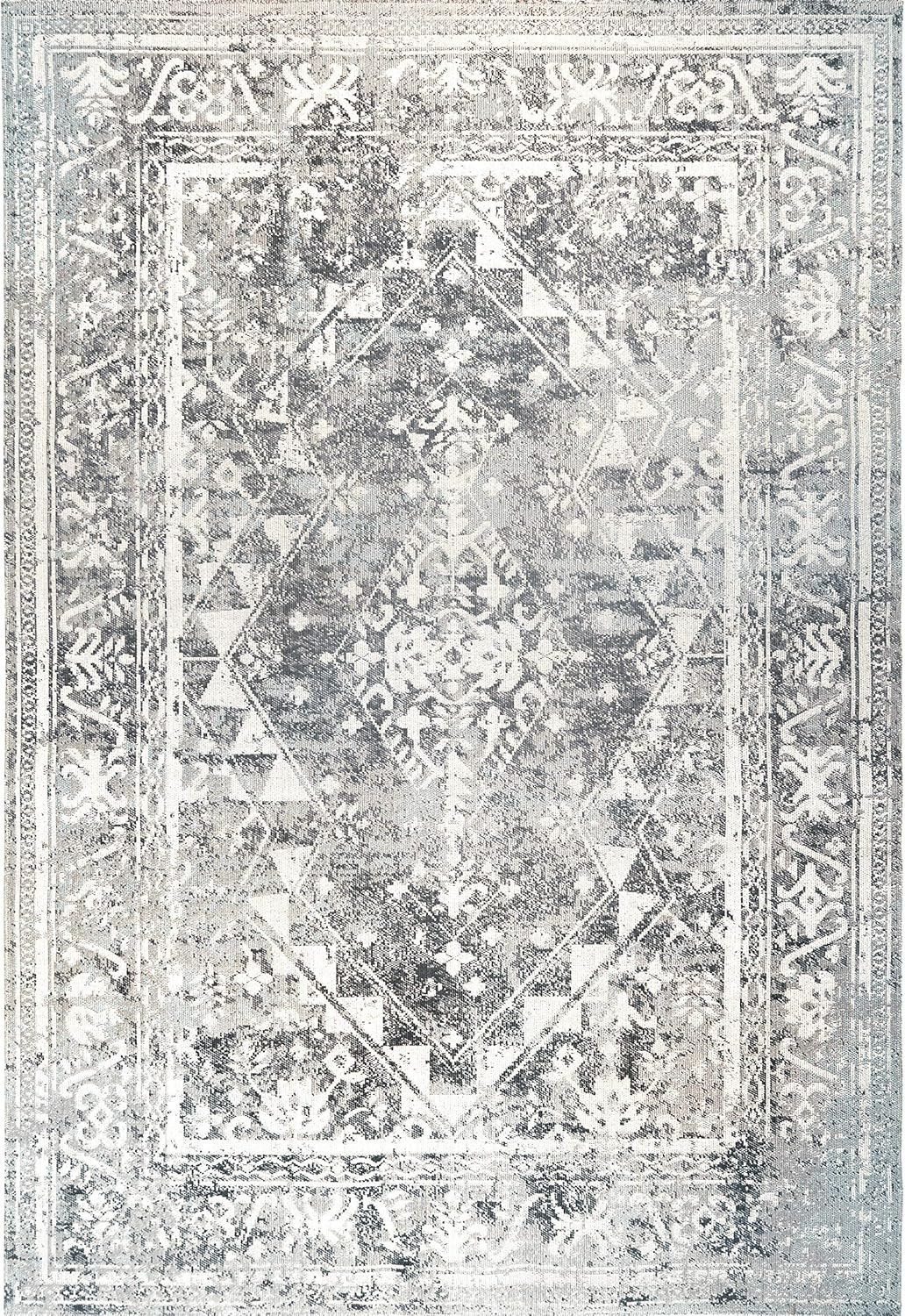 Transitional Distressed Indoor/Outdoor Area Rug – Grey/Aqua, 7’9″X10’2