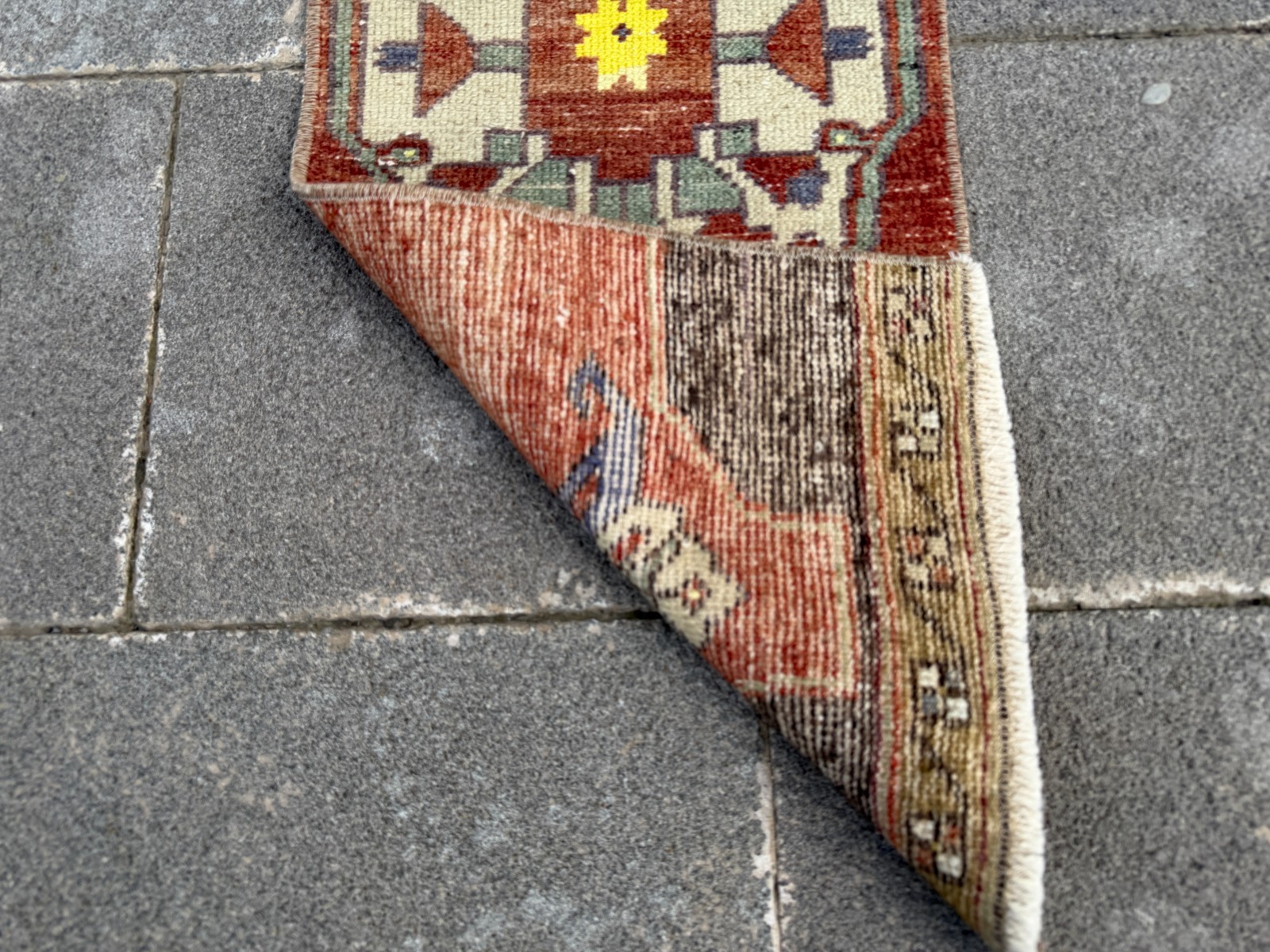 Small Vintage Turkish Rug 1.1×3.3 ft Terracotta Yellow Long Kitchen Entry Mat