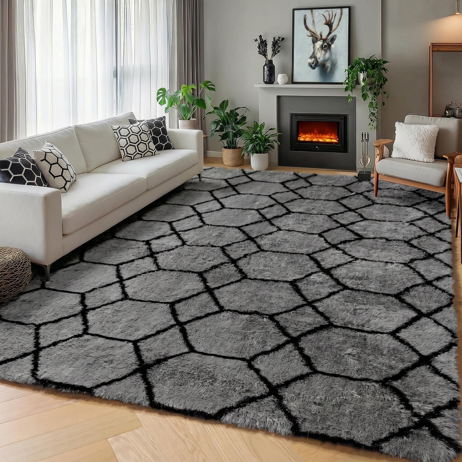 Area Rugs for Bedroom Living Room, 4×6 Fluffy Grey and Black Geometric Rug