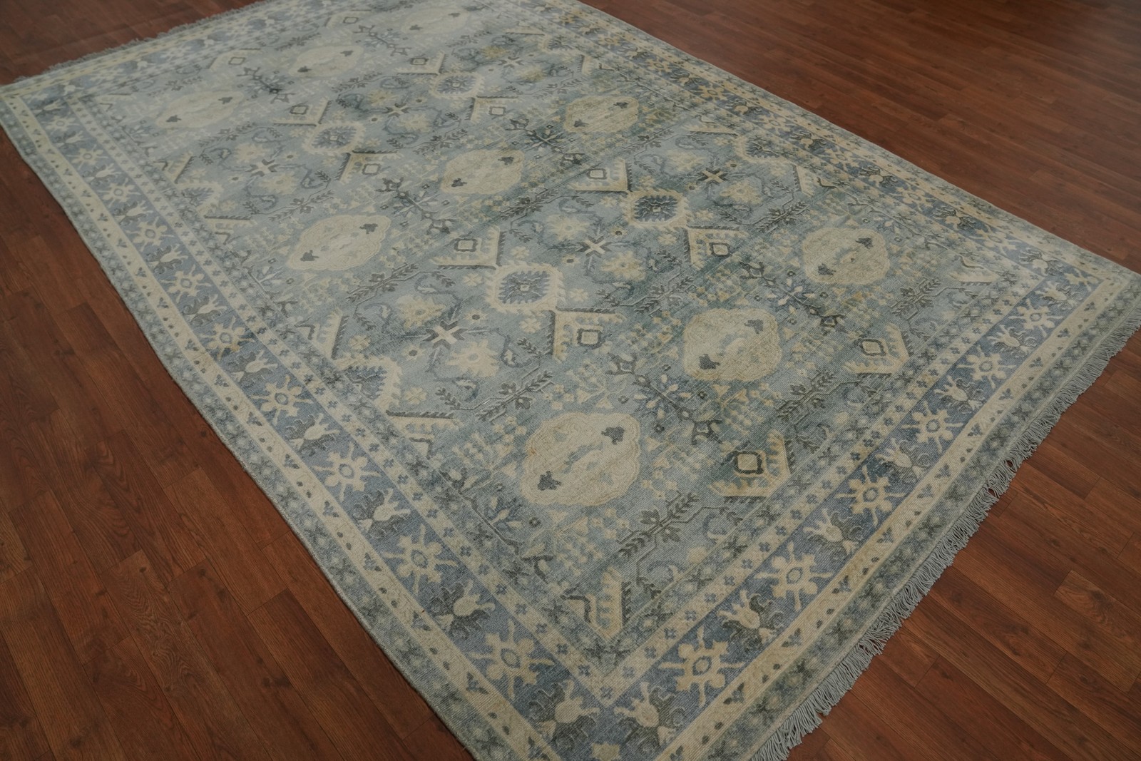 Geometric Pattern Oushak Oriental Area Rug 7×10 ft Hand-knotted for Living Room