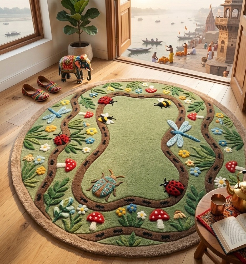 Hand Tufted Round Wool Rug Handmade Floral Kids Nursery Garden Cotton Backing