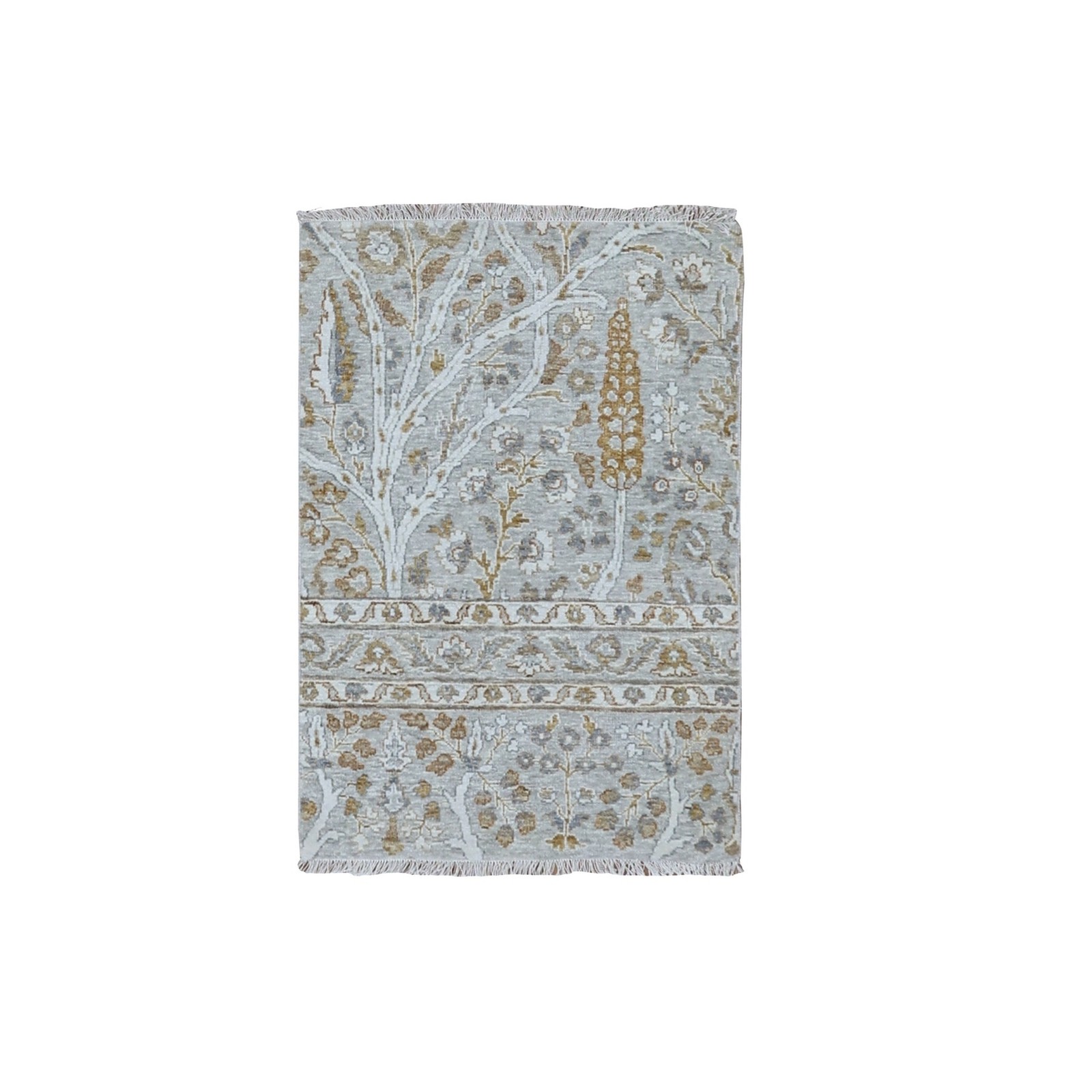 2’x3′ Gray 200 KPSI Tree of Life Design Zero Pile Hand Knotted Pure Wool Mat Rug