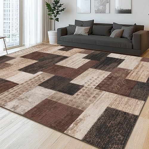 Modern Geometric Patchwork Indoor Area Rug for Living Room 5 x 7 Feet Chocolate