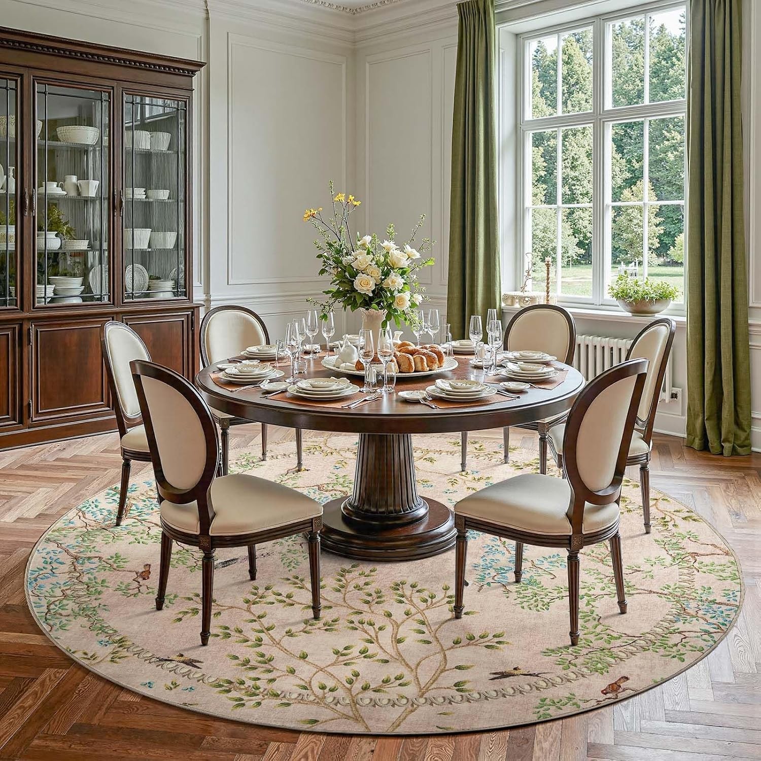 Yarden Round Rugs 8ft Beige Botanical Birds Print Machine Washable 8′ Circle