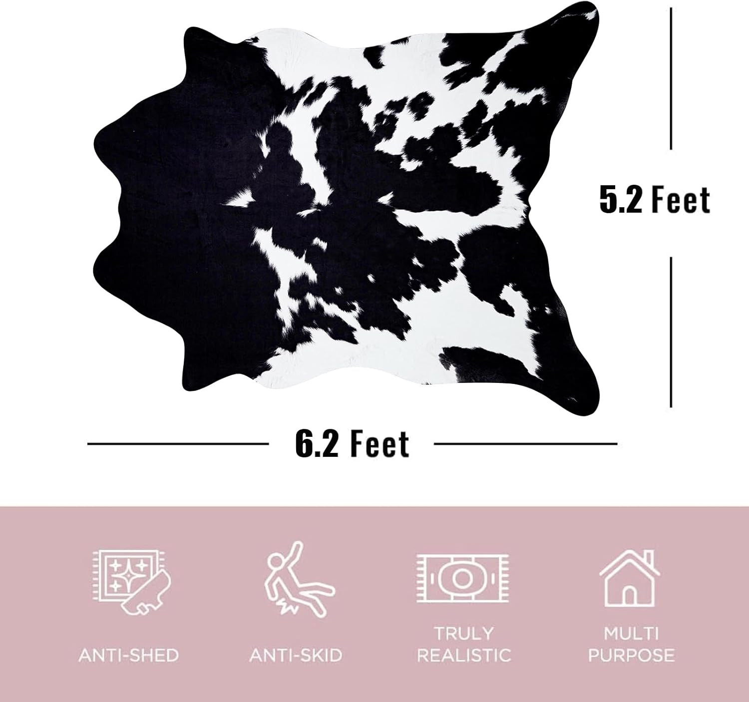 Black Cowhide Rug 5.2×6.2 Ft Western Style for Living Room & Bedroom Decor