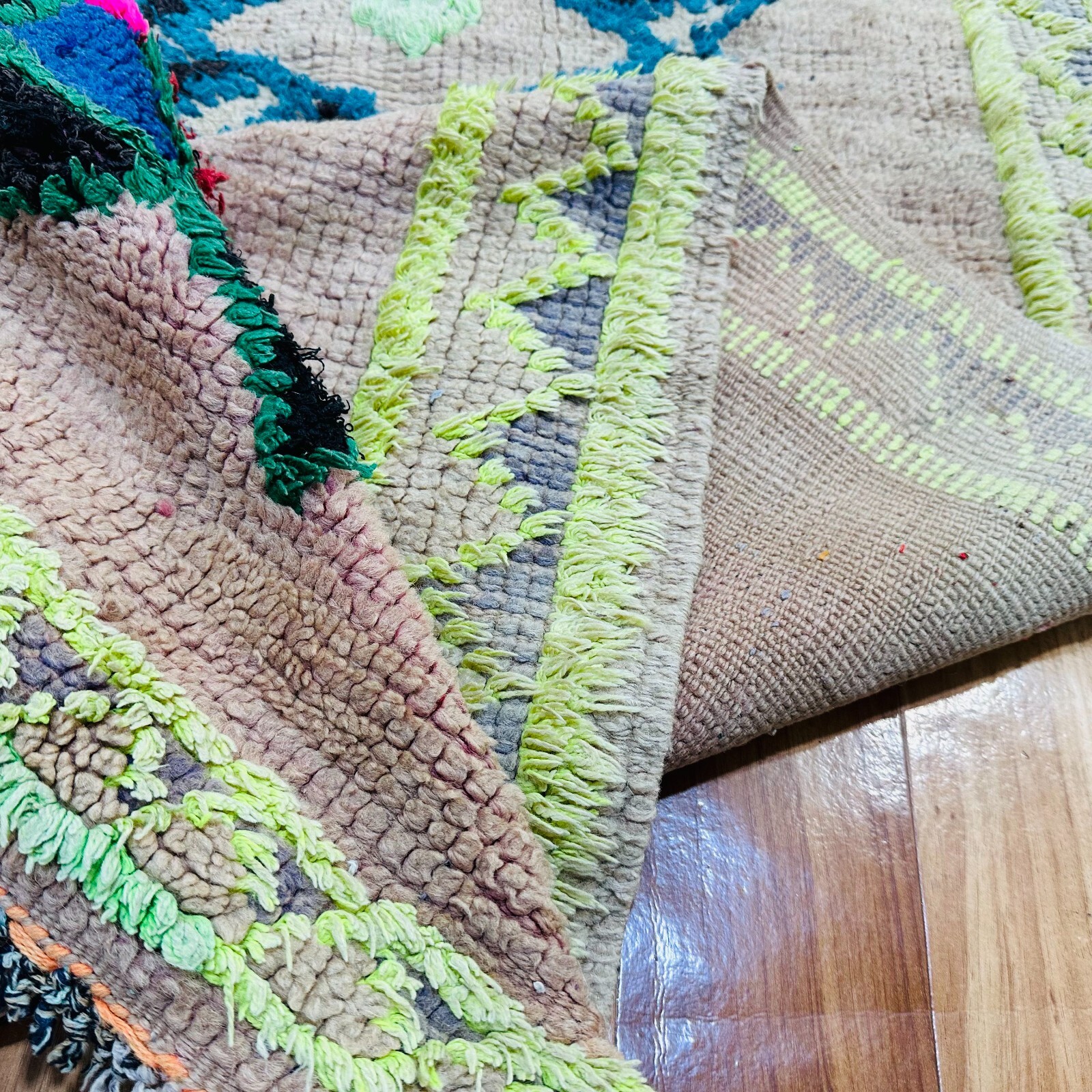 Bohemian Moroccan Shag Runner 32×126 in – Handmade Wool – Star Design Neon Accen