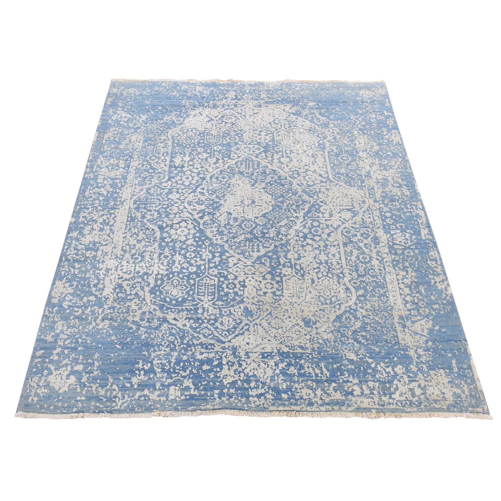 5’1″ x 7′ Blue Hand Knotted Broken Zoroastrian Design Wool and Silk Rug R80958