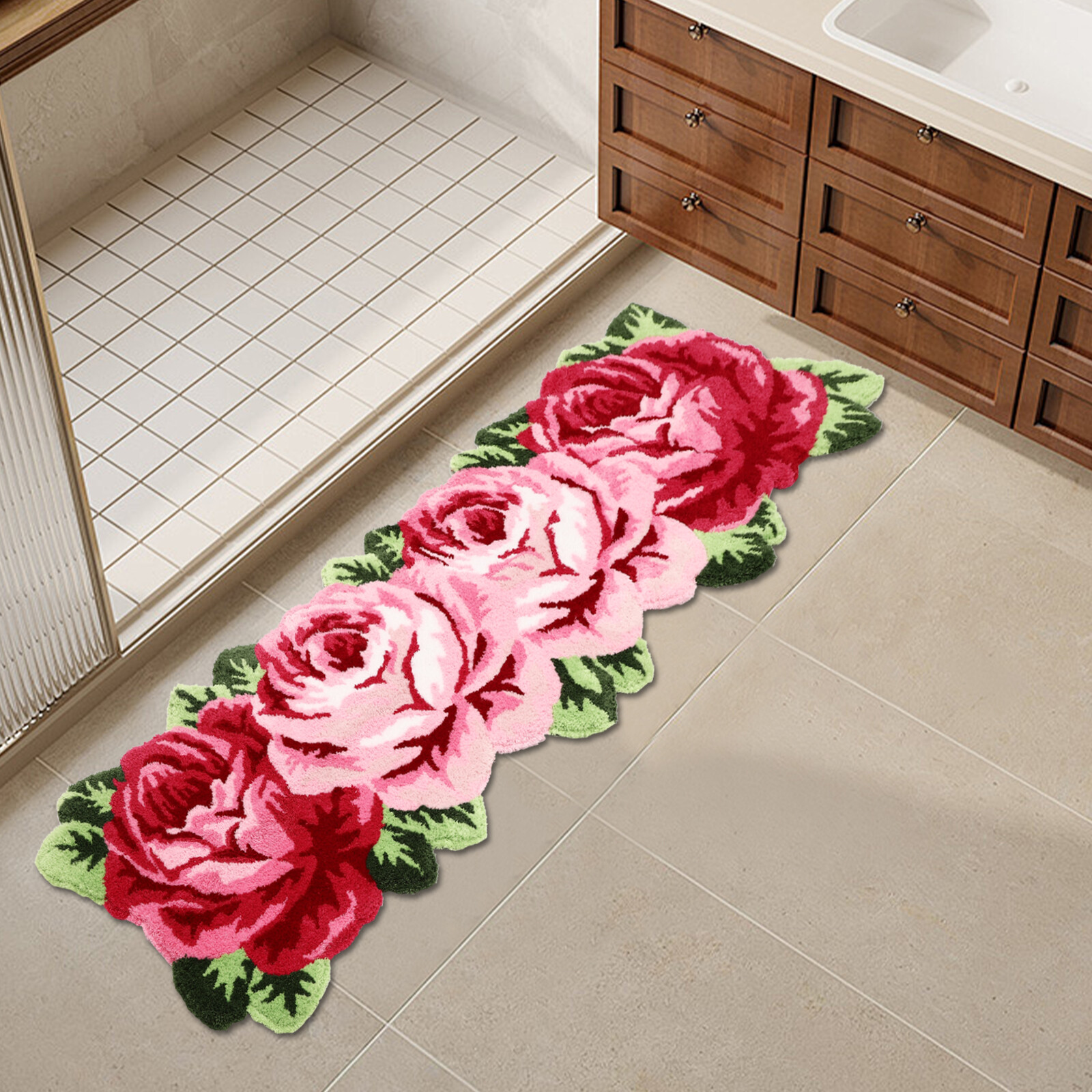 4 Roses Polyester and Tpr Flower Rug Mat – Pink and Green-Unique Style Mat USA