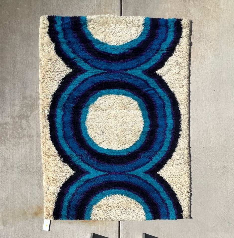 70’s HOJER EKSPORT WILTON Circles UNUSED Danish Rya Rug Modern Mid Century
