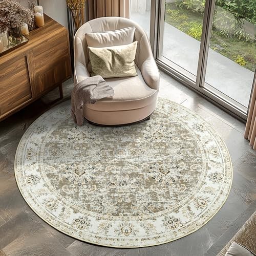 Round Rug 6ft Area Rugs Vintage 6′ x 6′ (Round Light Weight) Distressed Taupe