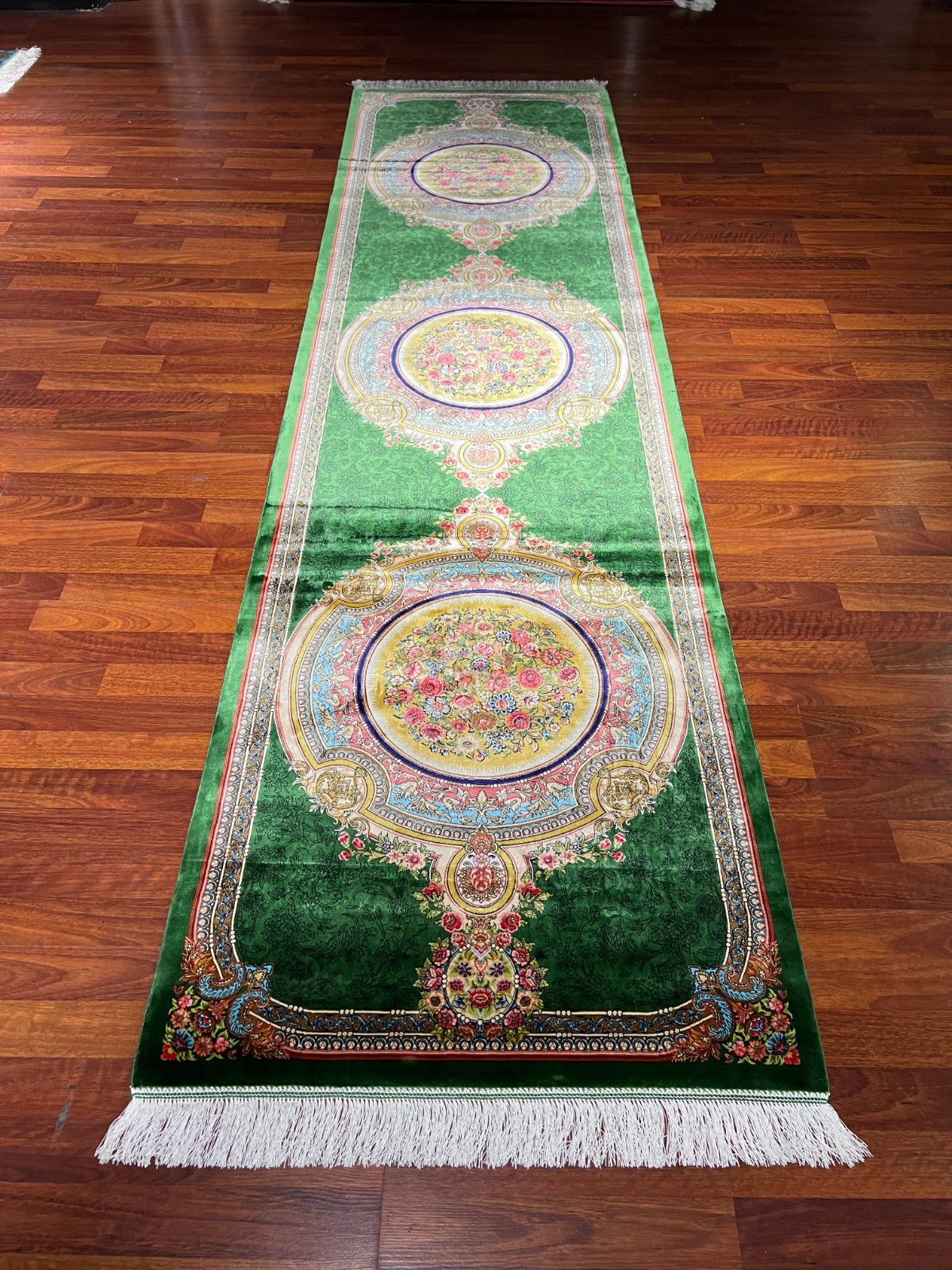 3×10 ft Green Turkish Medallion Runner Rug – Green Modal Silk Handmade Fringe