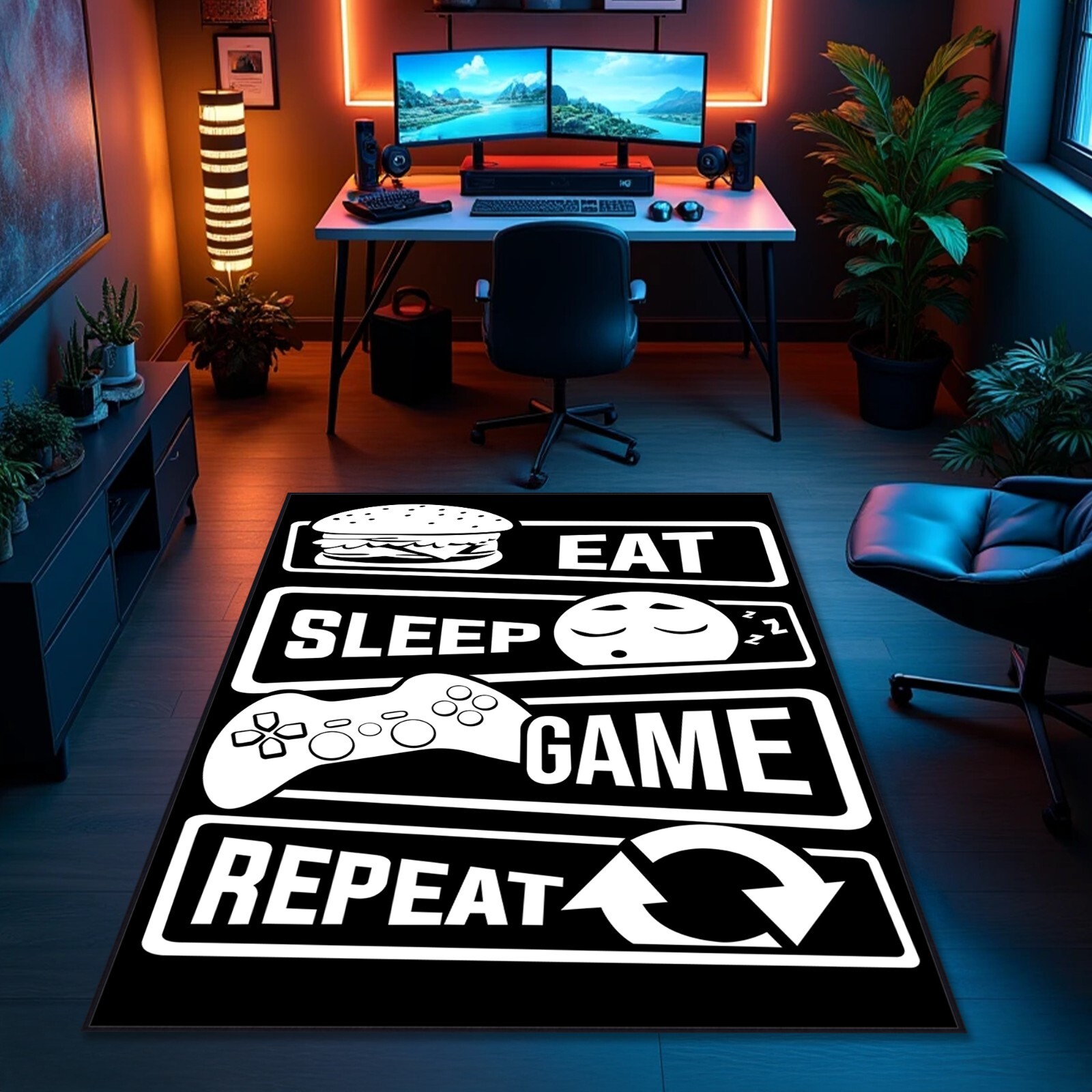 Eat Sleep Game Repeat Texted Black Gaming Room Rug Game Cool Carpet