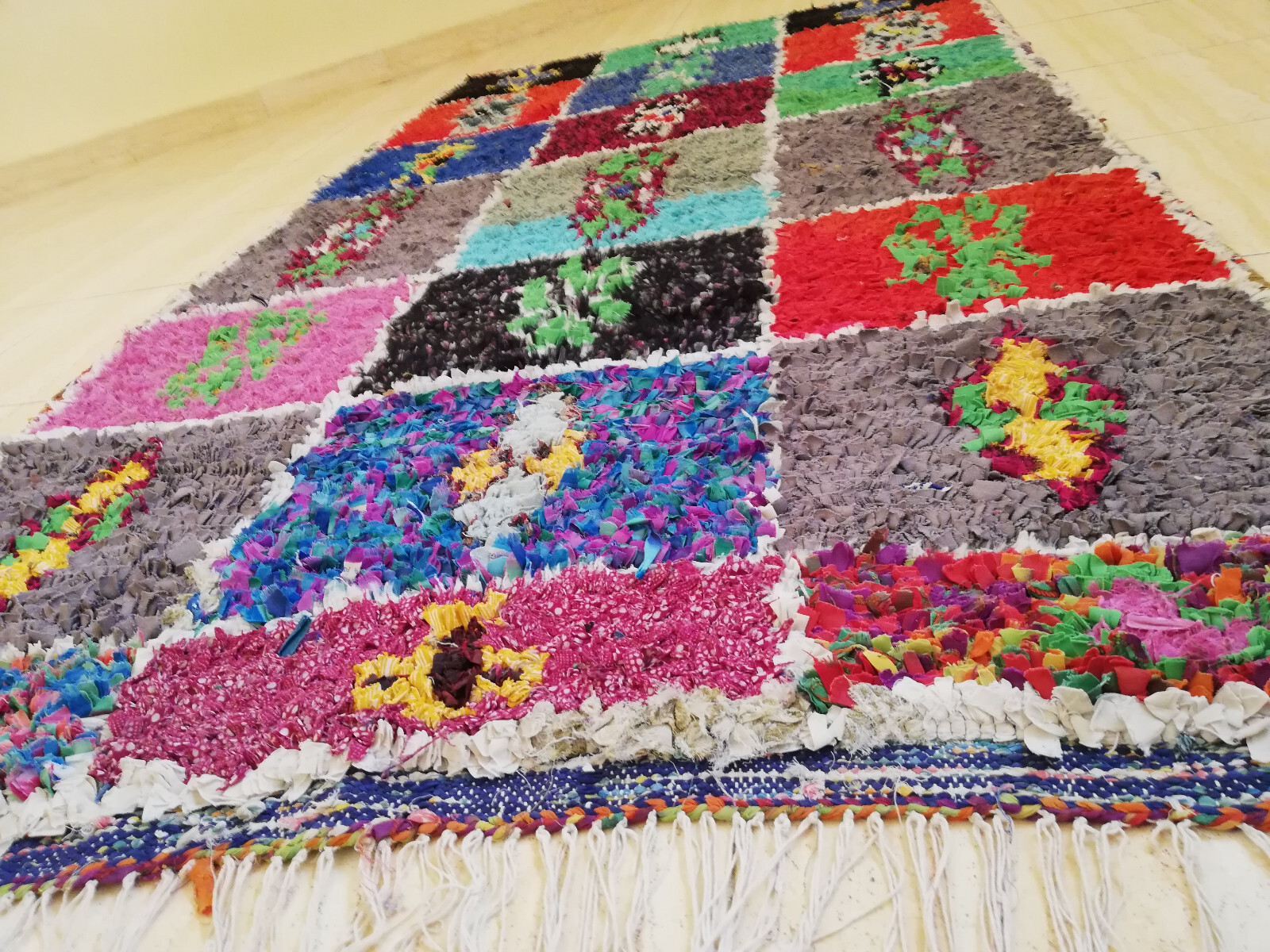 Moroccan berber boucherouite rug handmade with recycled fabrics