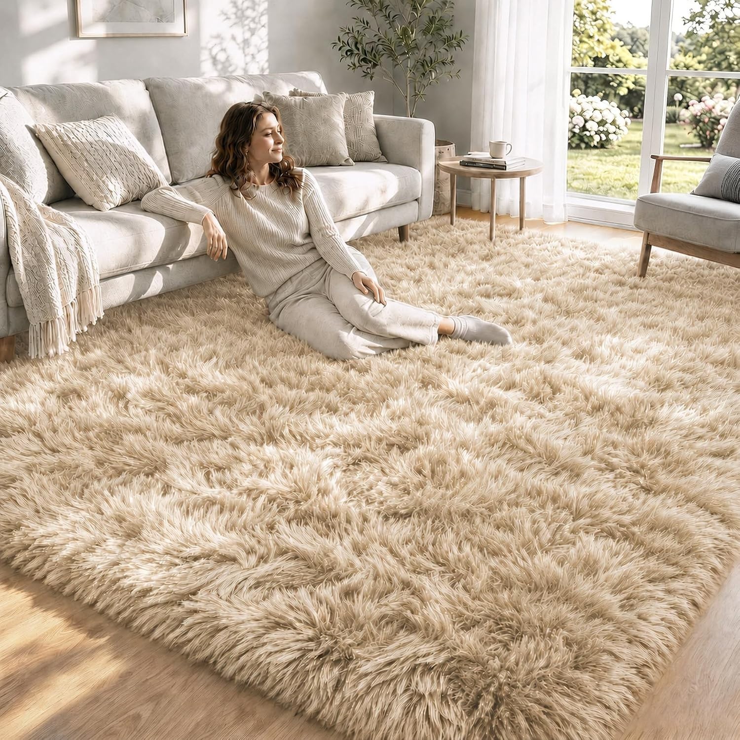 8×10 Camel Shag Area Rug Soft Plush Carpet Non Slip Living Room Bedroom etc…