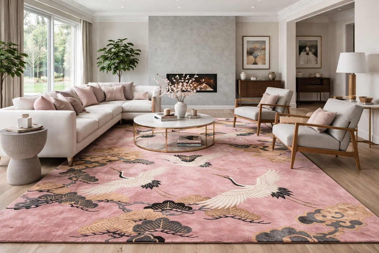 Hand-Tufted Wool Crane Rug – Pink Gold Chinoiserie Oriental Bird Floor Decor Rug