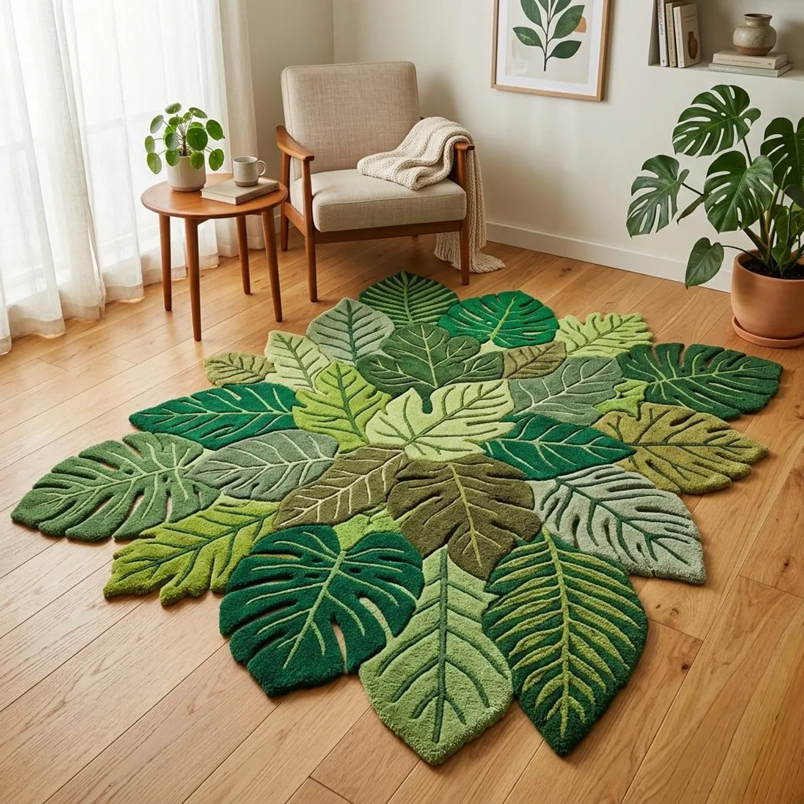 Tropical Monstera Leaf Rug Green Botanical Hand Tufted Wool Area Carpet