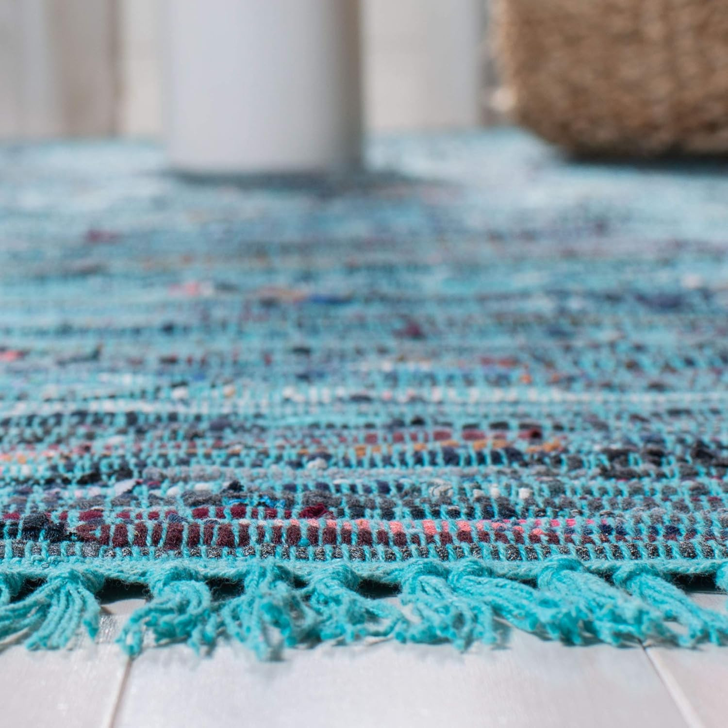 Handmade Boho Stripe Rag Rug – 8′ x 10′, Blue & Multi, Durable for High Traffic