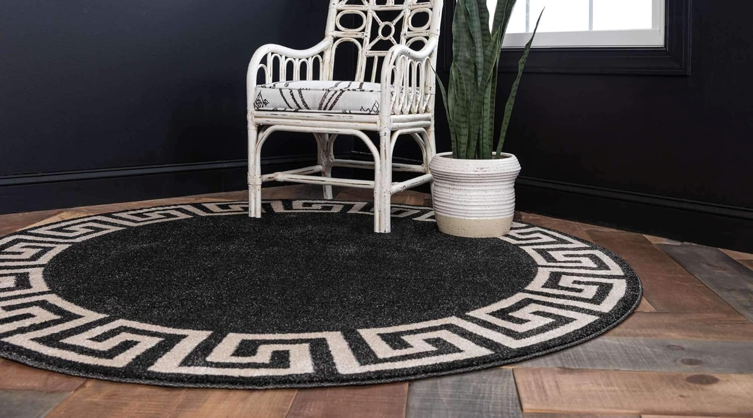 Classic Geometric Area Rug 8′ x 8′ – Charcoal/Beige Modern Design