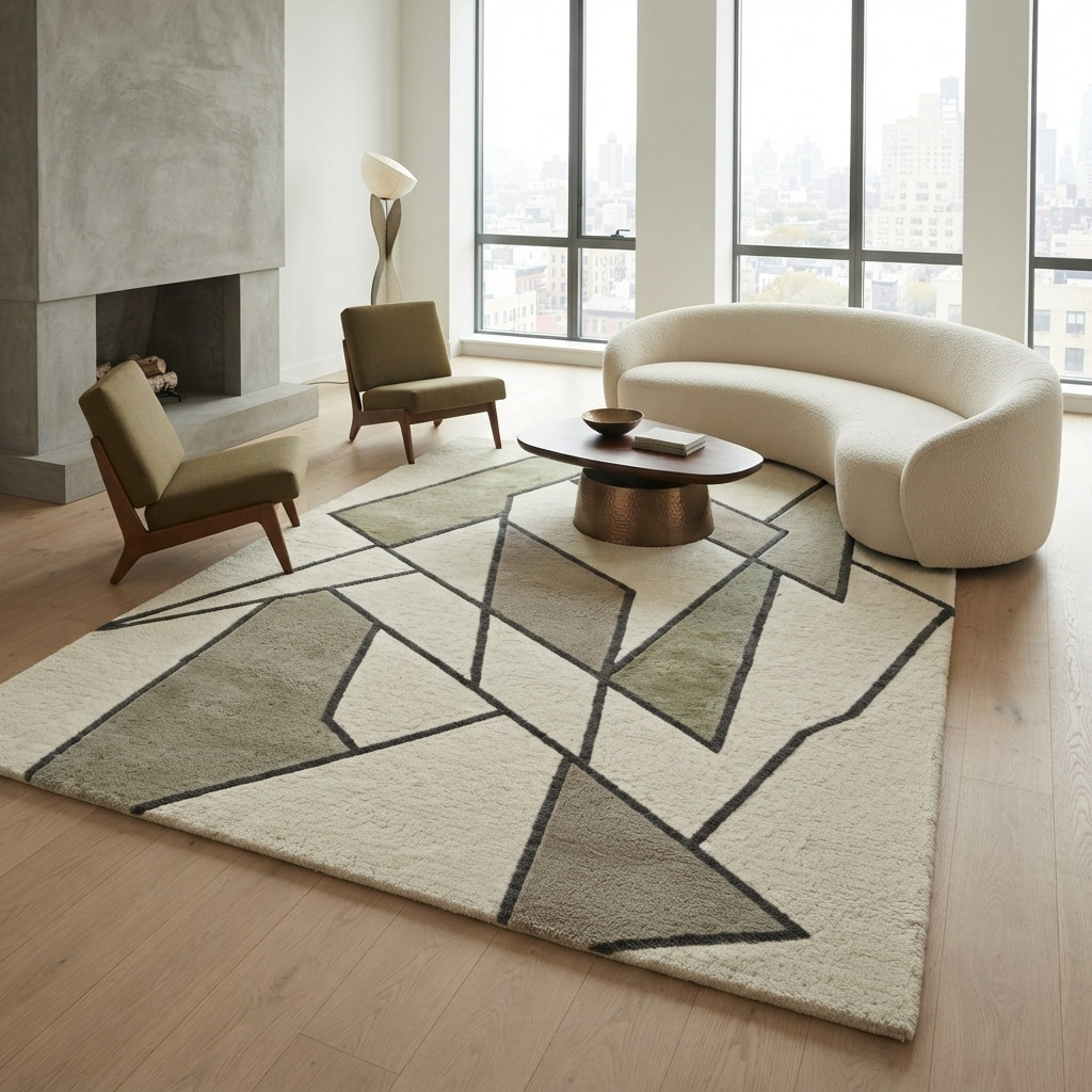 Hand Tufted Wool Area Rug Modern Geometric Abstract Carpet Ivory Green Handmade