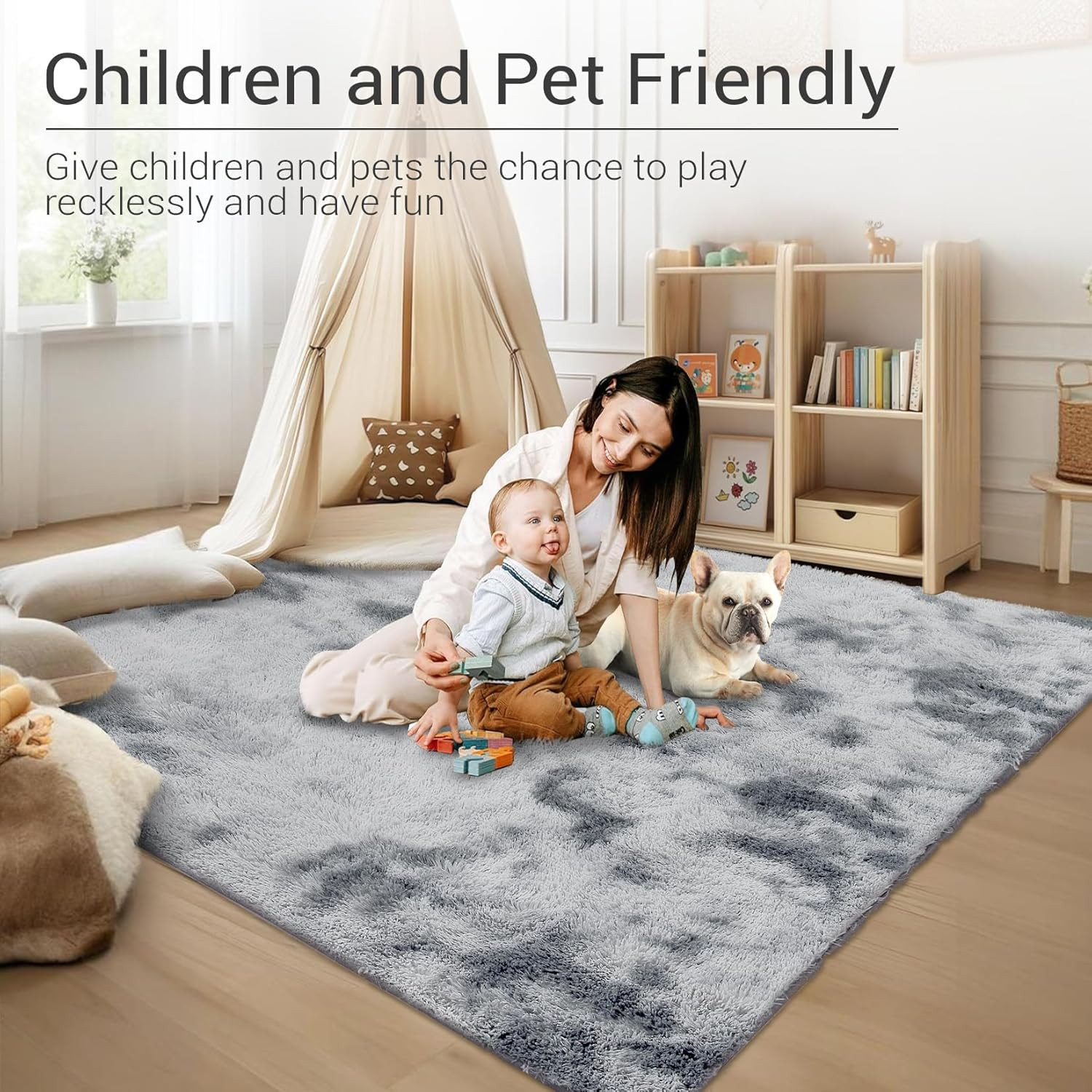 8X10 Fluffy Shag Area Rug – Soft Tie-Dye Light Grey Carpet for Living Room