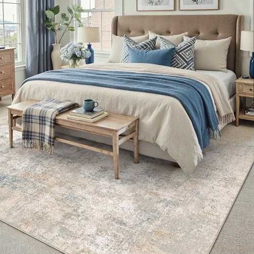 5×7 Area Rug Beige Blue Machine Washable Rugs Abstract Indoor Rug Modern Low
