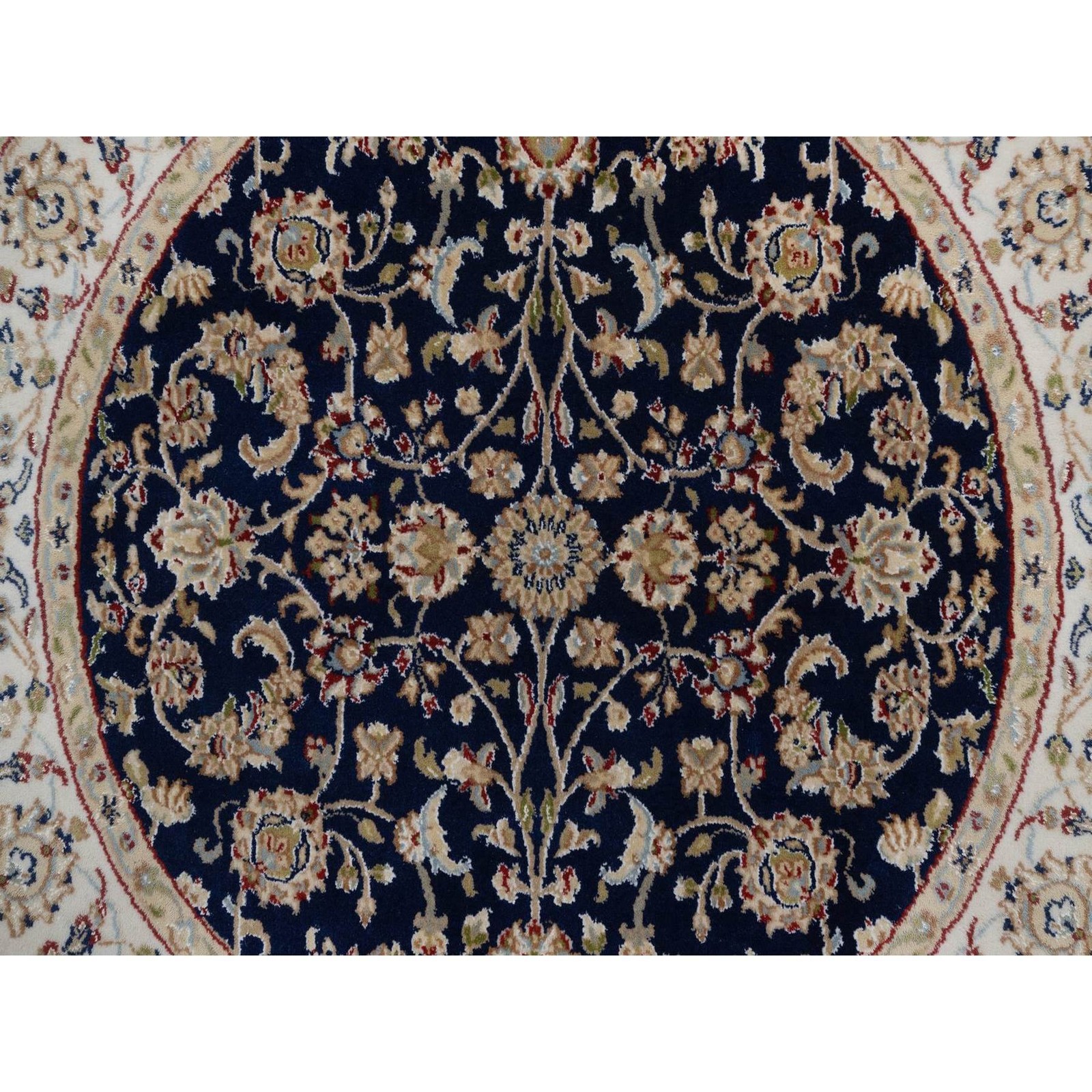 4’3″x4’3″ Midnight Blue Wool and Silk Nain Flower Design Hand Knotted Round Rug