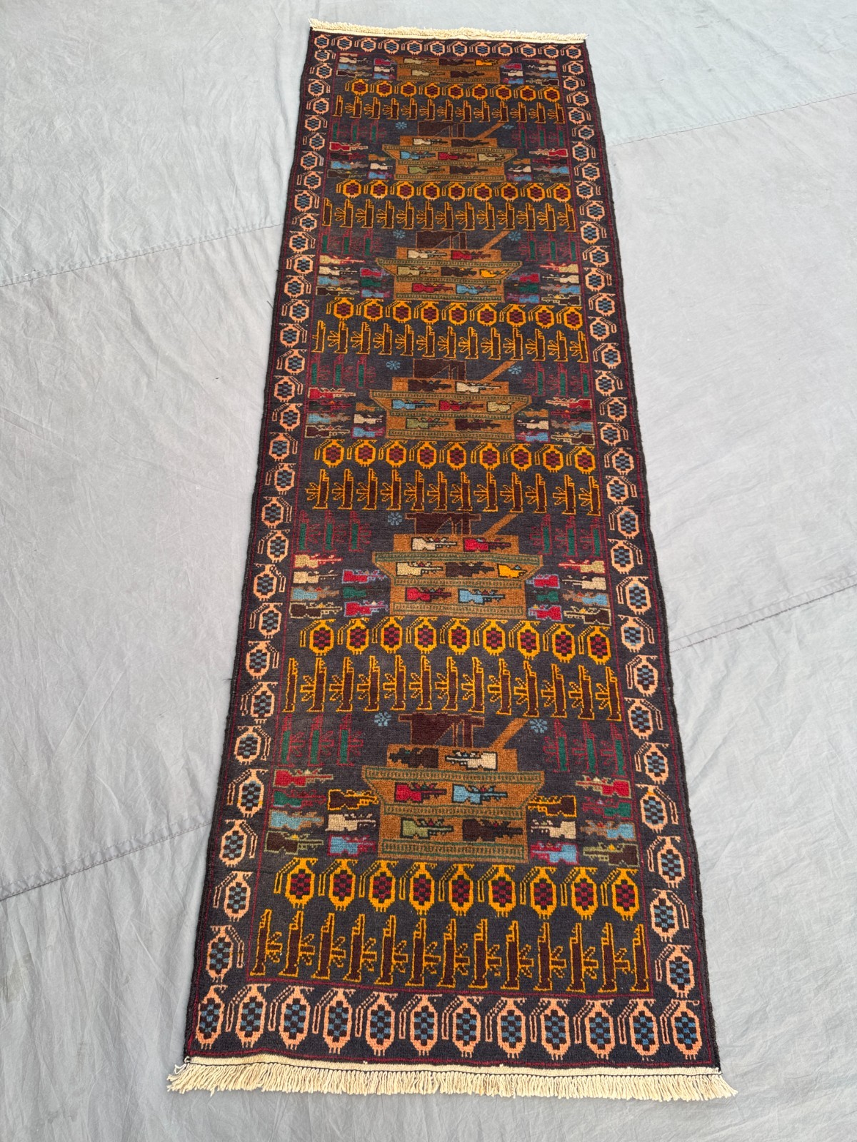 2’10 x 9’3 Ft Baluchi War Rug Runner – Vintage Tribal Wool Carpet with Military