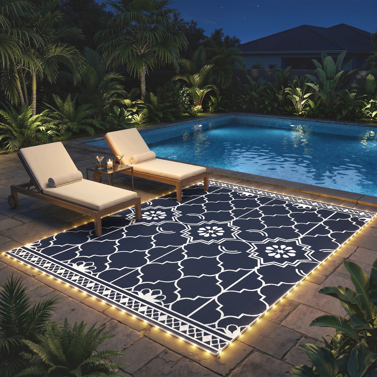 Outsunny Reversible Outdoor Rug Carpet with LED Lights, PP Straw Rug