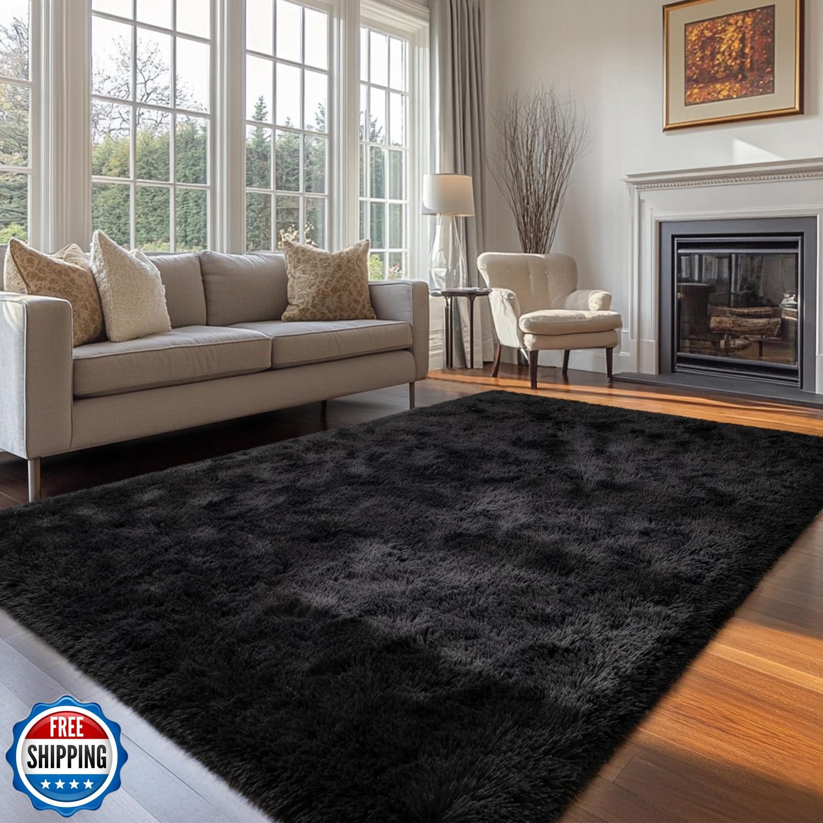 ULTSOFE 8×10 Black Fluffy Area Rug for Living Room Machine Washable, Shag Bed