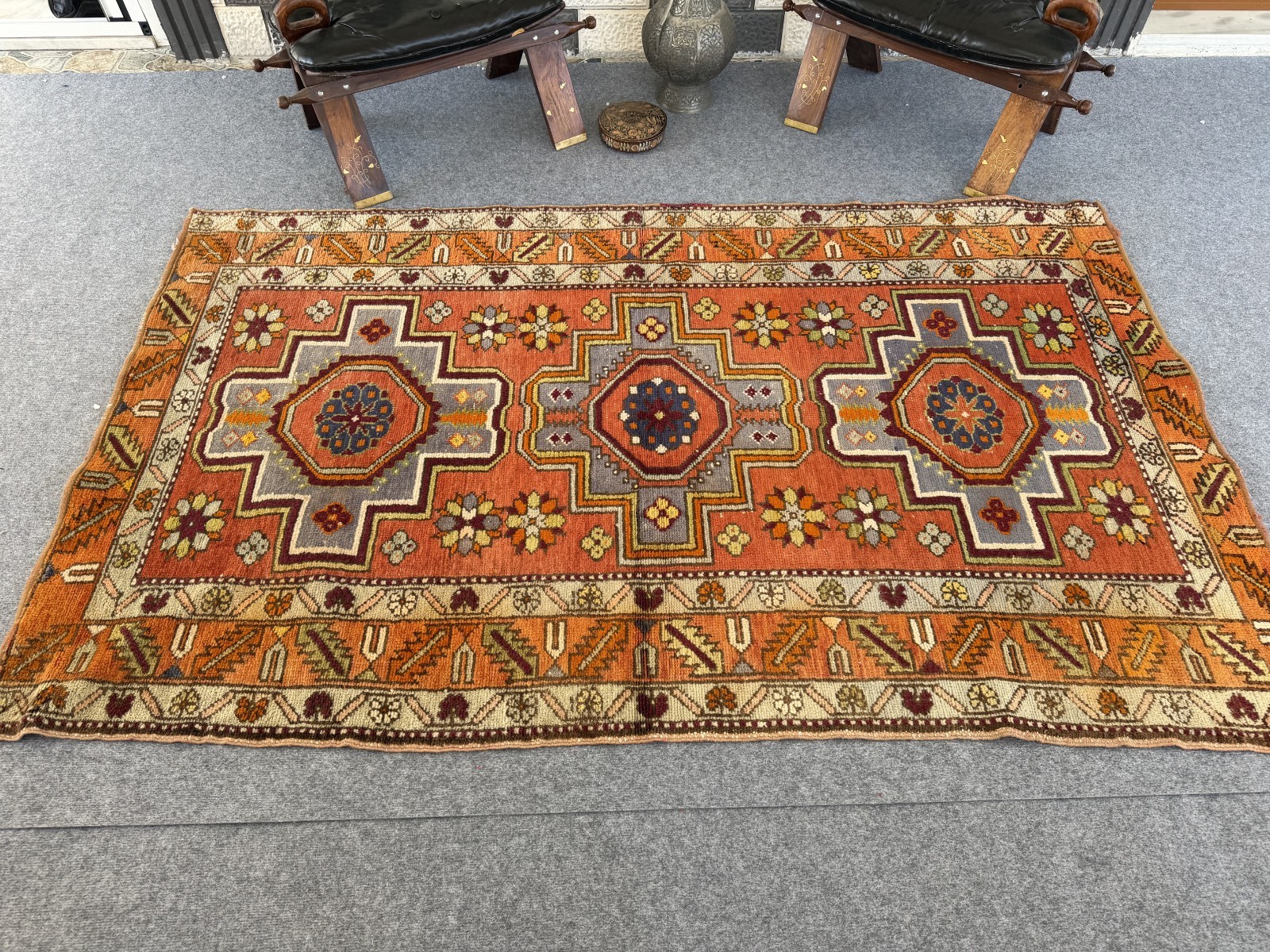 Vintage Caucasian Rug 4×7 Handmade Wool Rug Geometric Tribal Medallion Kazak Rug