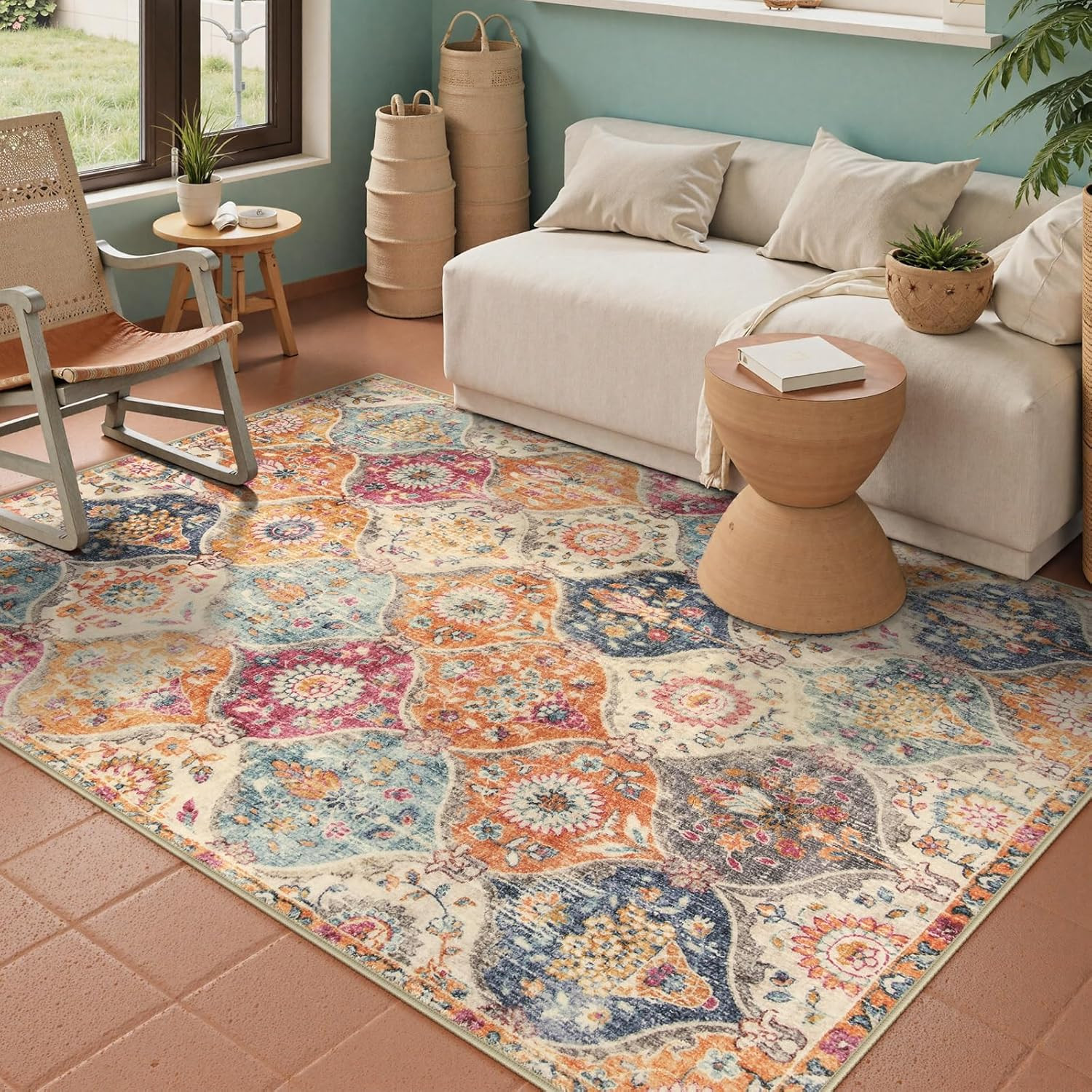 Moroccan Trellis Washable Small Area Rug, 3X5 Area Rug for Bedroom Living Room,