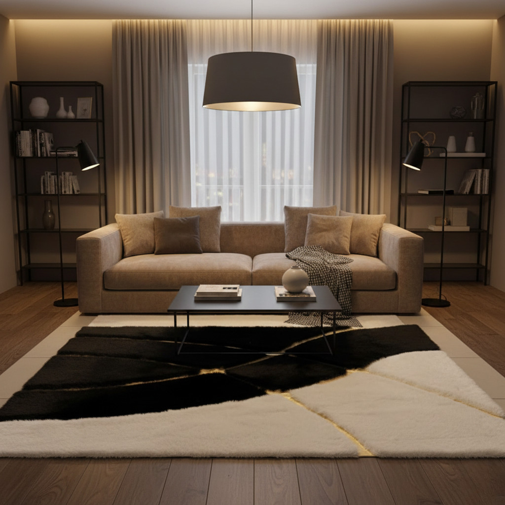 Luxury Plush Rug 8×10 Ft Black White Gold Abstract Soft Area Carpet Handmade