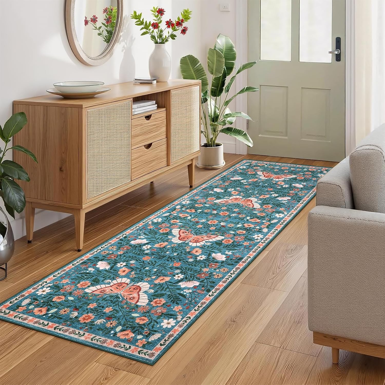 Farmhouse Butterfly Floral 5×7 Washable Area Rug Non Slip Living Dining Bedroom