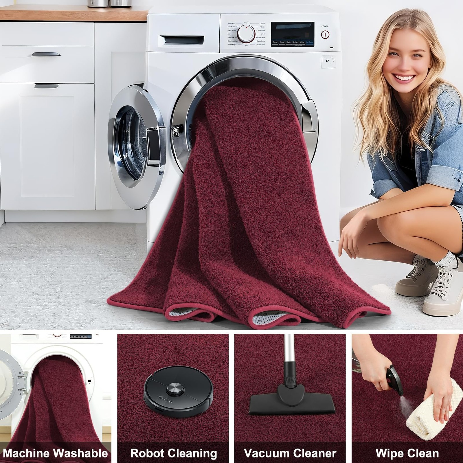 5×7 Feet Burgundy Area Rugs for Bedroom, Indoor Washable Memory Foam Rug for …