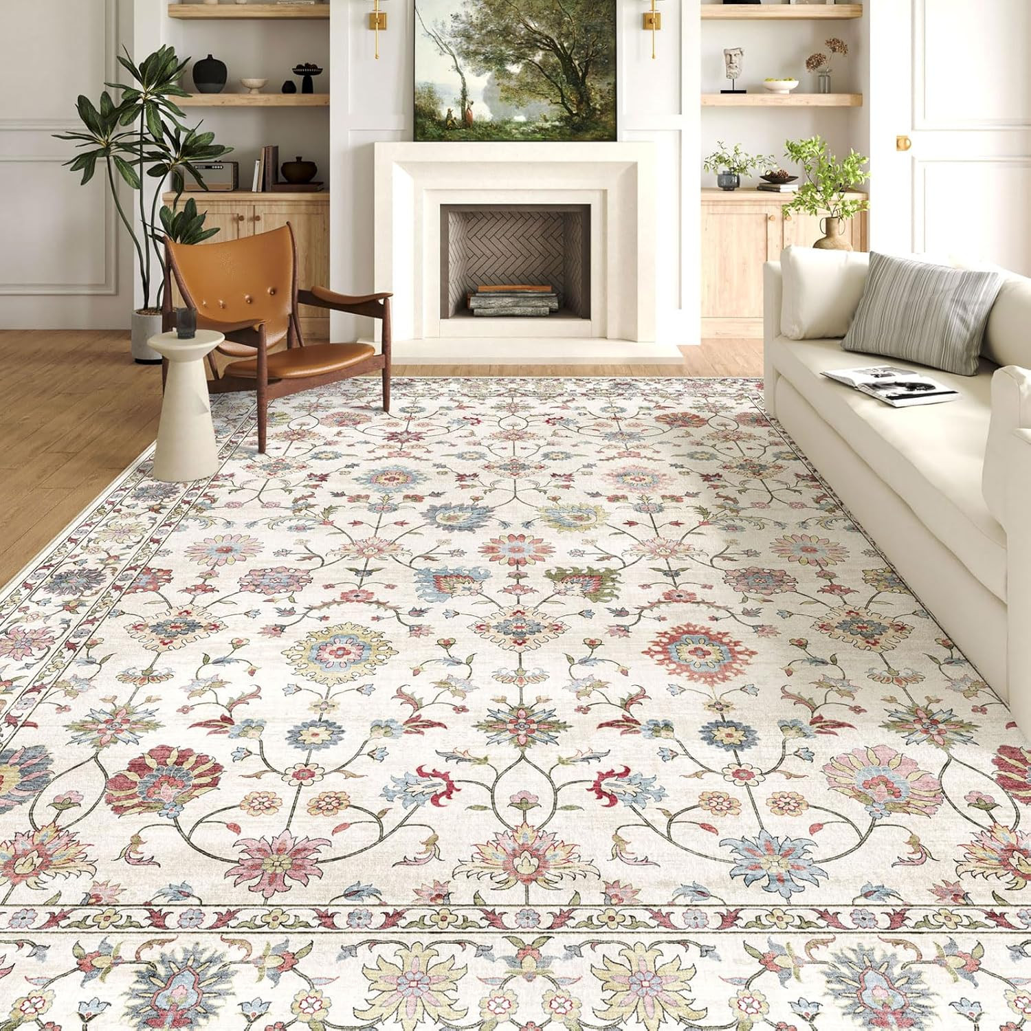 Large Washable Cream Boho Area Rug 9×12 – Soft Vintage Floral Carpet