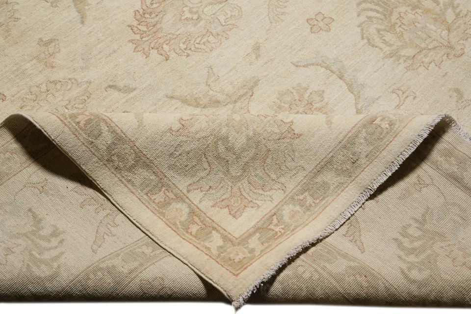 Hand Knotted Oushak Area Rug Vintage Floral Wool Carpet Beige & Cream 9×12 Rug