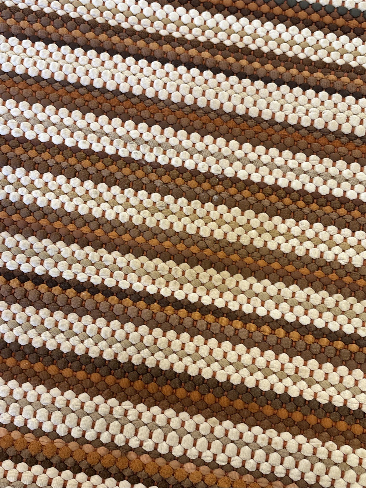 Striped Shades of Brown Woven 24×37” Rag Rug, Fringed Edge, Grannycore Boho